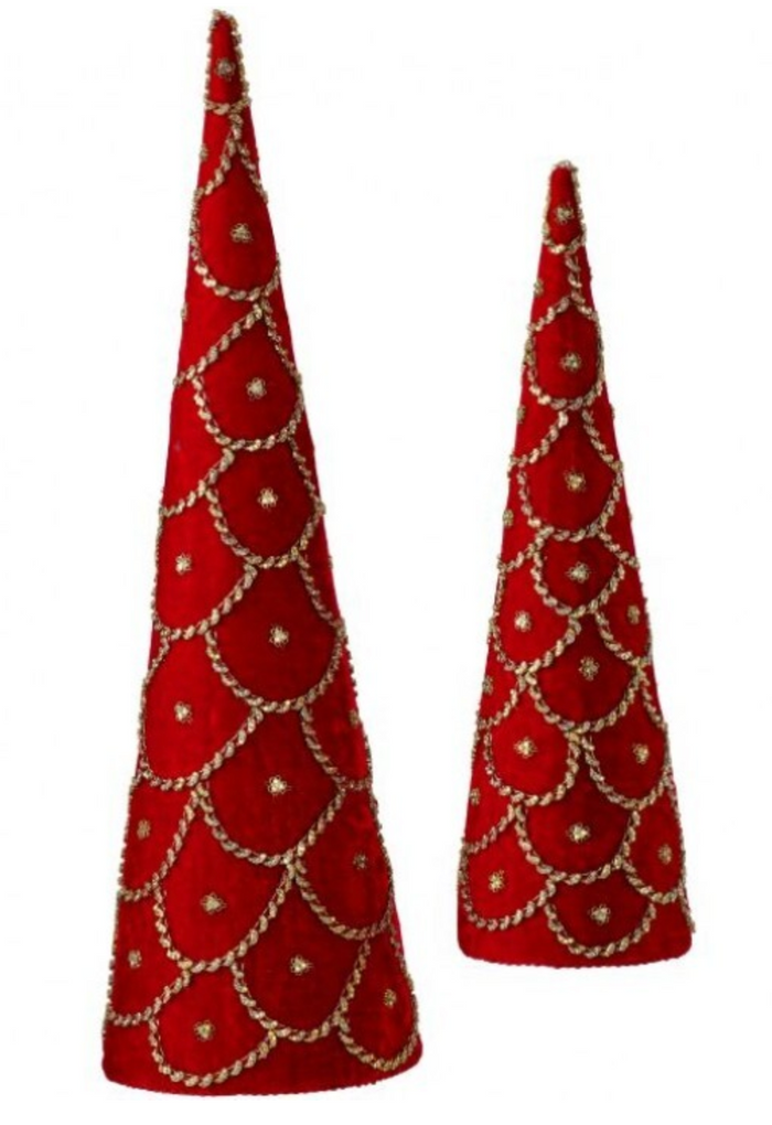 18-24" VELVET WITH JEWEL CONE TREE SET/2