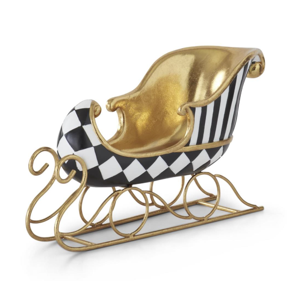 14 Inch Resin Gold Gilded Black & White Harlequin Sleigh