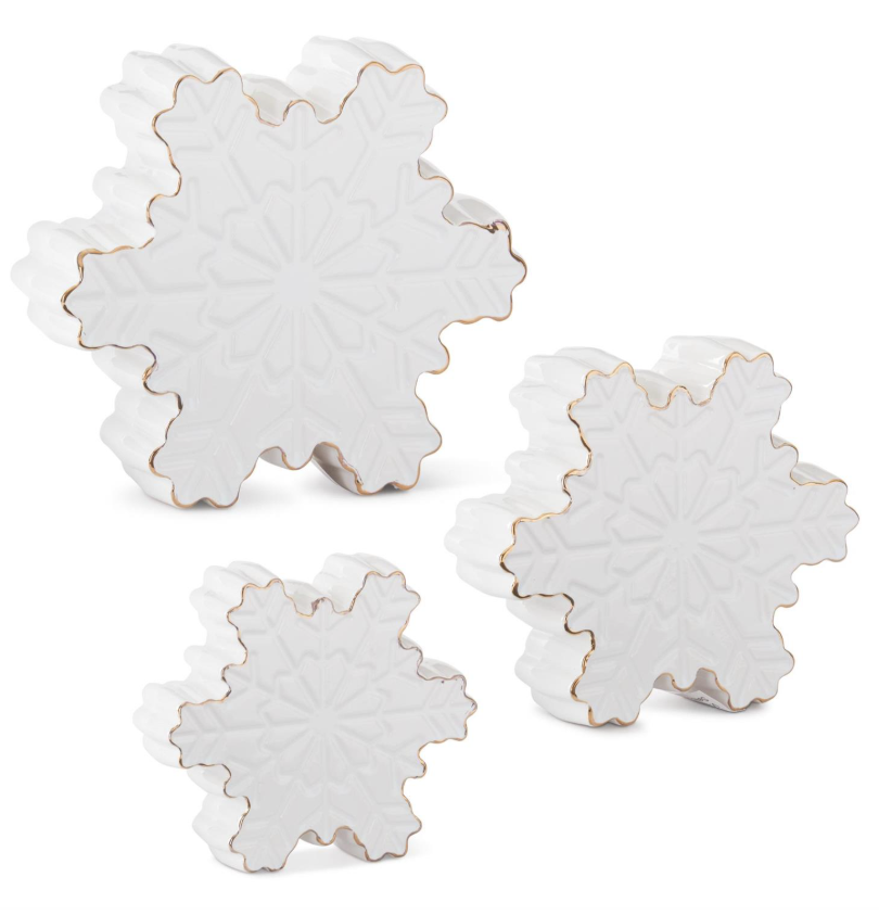 Set of 3 White Dolomite Tabletop Snowflakes w/Gold Trim
