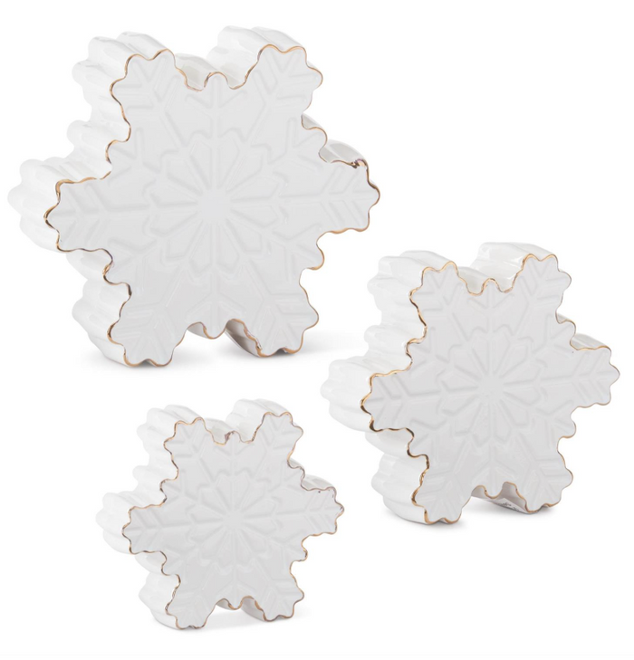 Set of 3 White Dolomite Tabletop Snowflakes w/Gold Trim