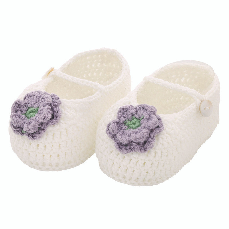 Knit Baby Booties - Purple Flower 0-6 Mos.