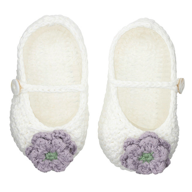Knit Baby Booties - Purple Flower 0-6 Mos.