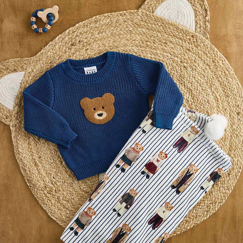 Plush Blanket - Bear + Blue Stripes