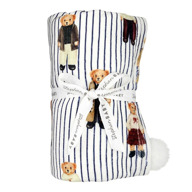 Plush Blanket - Bear + Blue Stripes