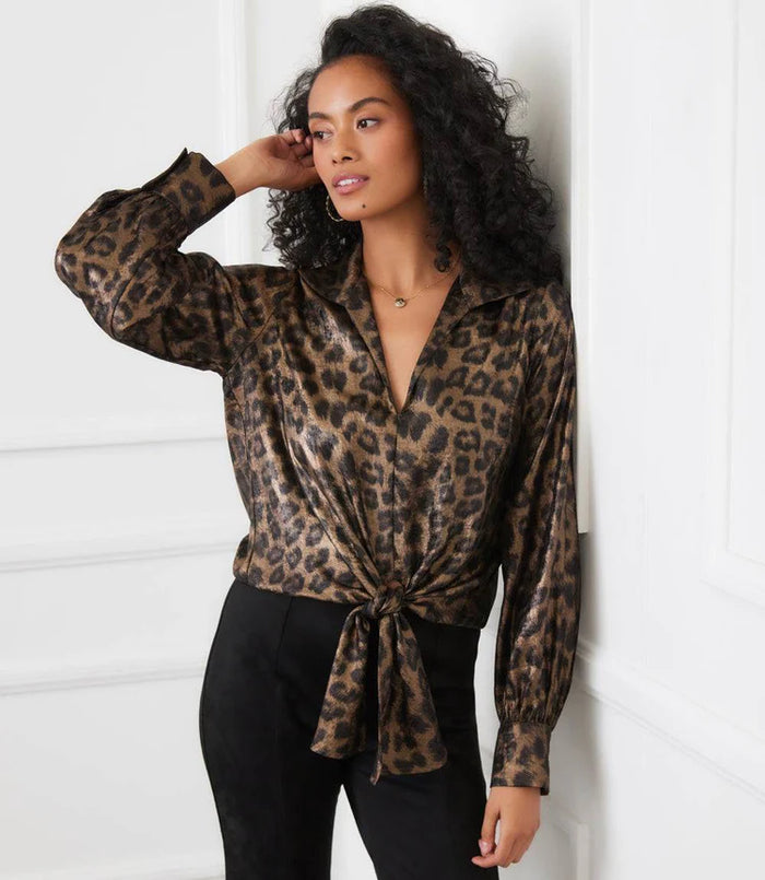 Leopard Long Sleeve Tie-Front Top