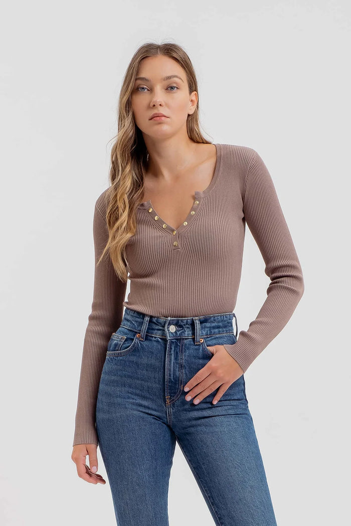 SOLID LONG SLEEVE HENLEY SWEATER KNIT TOP