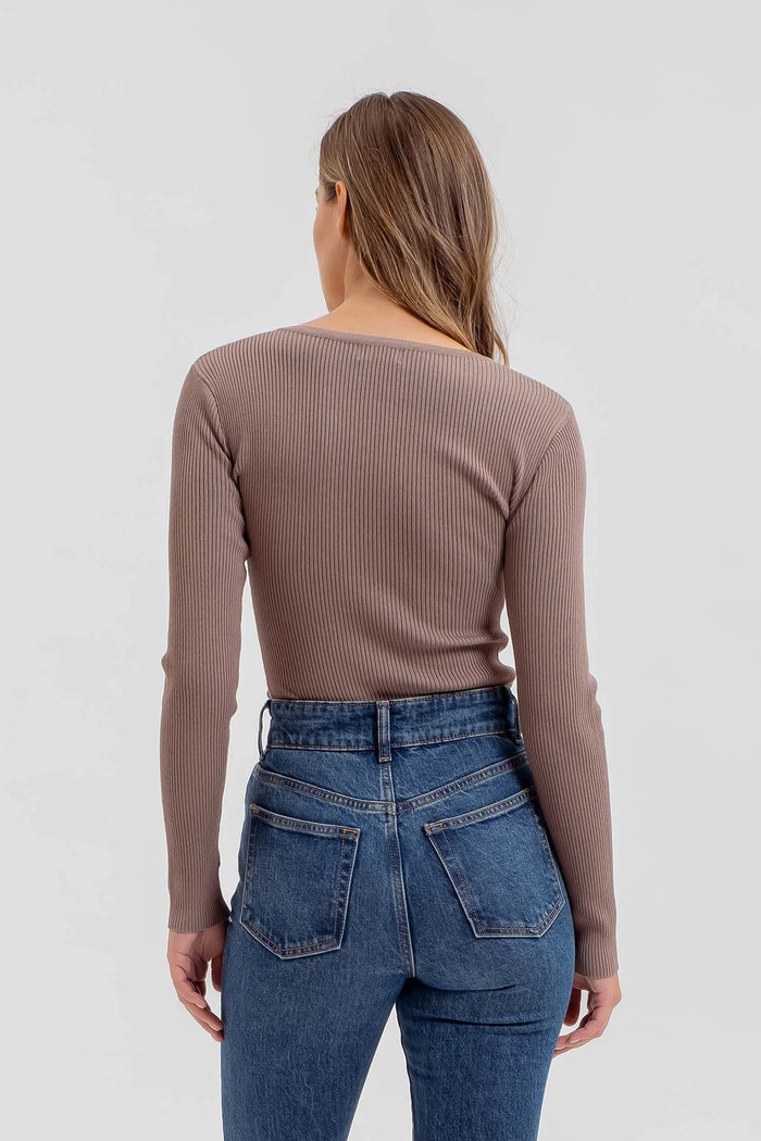 SOLID LONG SLEEVE HENLEY SWEATER KNIT TOP