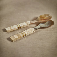 Variegated Horn with Antique Bone and Brass Trim Handle Salad Server Set