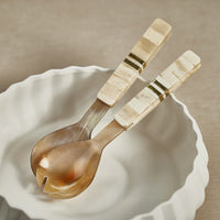 Variegated Horn with Antique Bone and Brass Trim Handle Salad Server Set