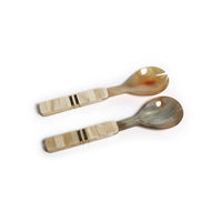 Variegated Horn with Antique Bone and Brass Trim Handle Salad Server Set