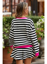 Stripe Contrast Ribbed Banding Blouse Loose Shorts Set