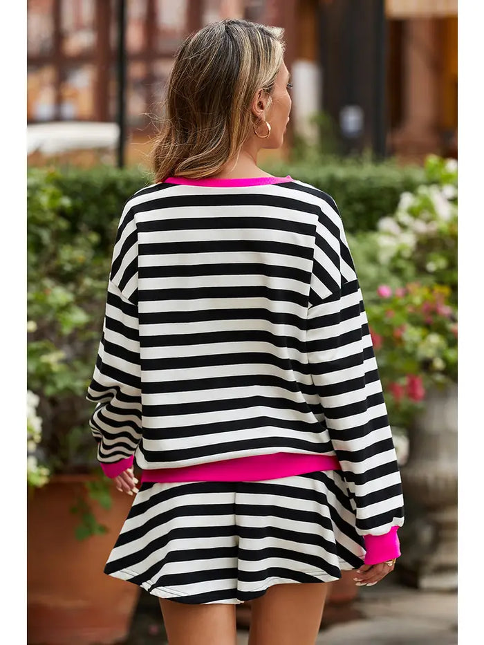 Stripe Contrast Ribbed Banding Blouse Loose Shorts Set