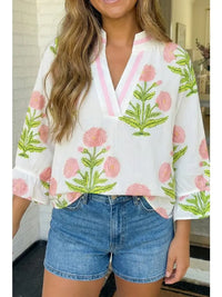 Wild Flower Print V Neck 3/4 Sleeve Blouse