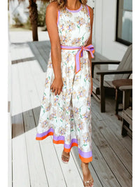 Floral Print Color Block Trim Belted Maxi Dress