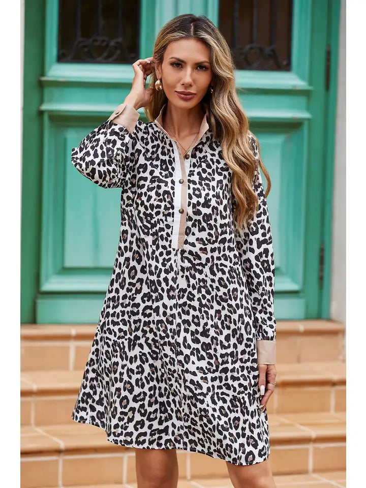 Leopard Collar Patchwork Button Dress