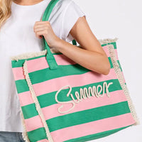 Summer Rope Text Pink and Green Striped Tote Bag