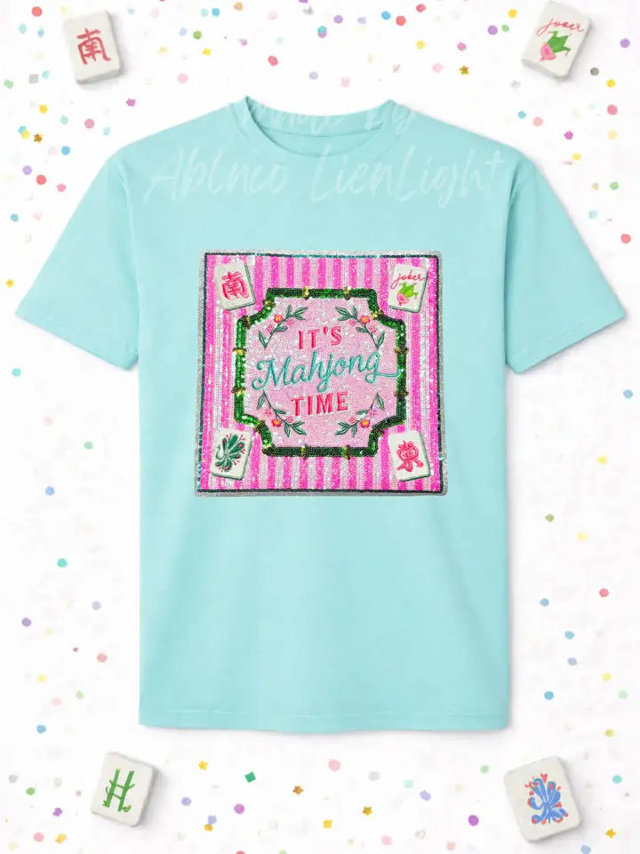 It’S Mahjong Time Tile Mat Sequin Patch Tshirt