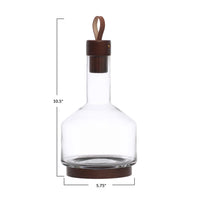 62 oz. Glass Carafe w/ Acacia Wood Base, Stopper & Leather Pull, Walnut Finish