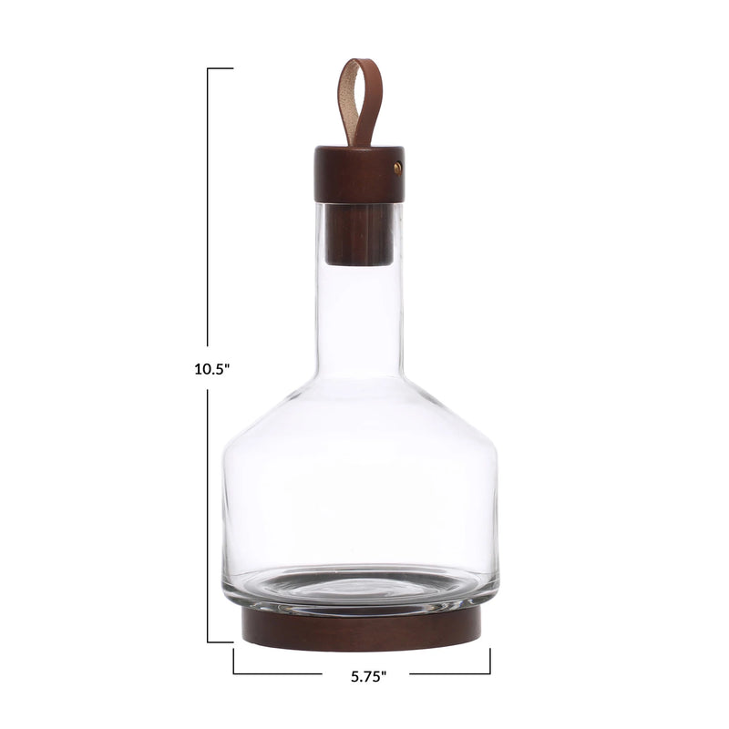 62 oz. Glass Carafe w/ Acacia Wood Base, Stopper & Leather Pull, Walnut Finish