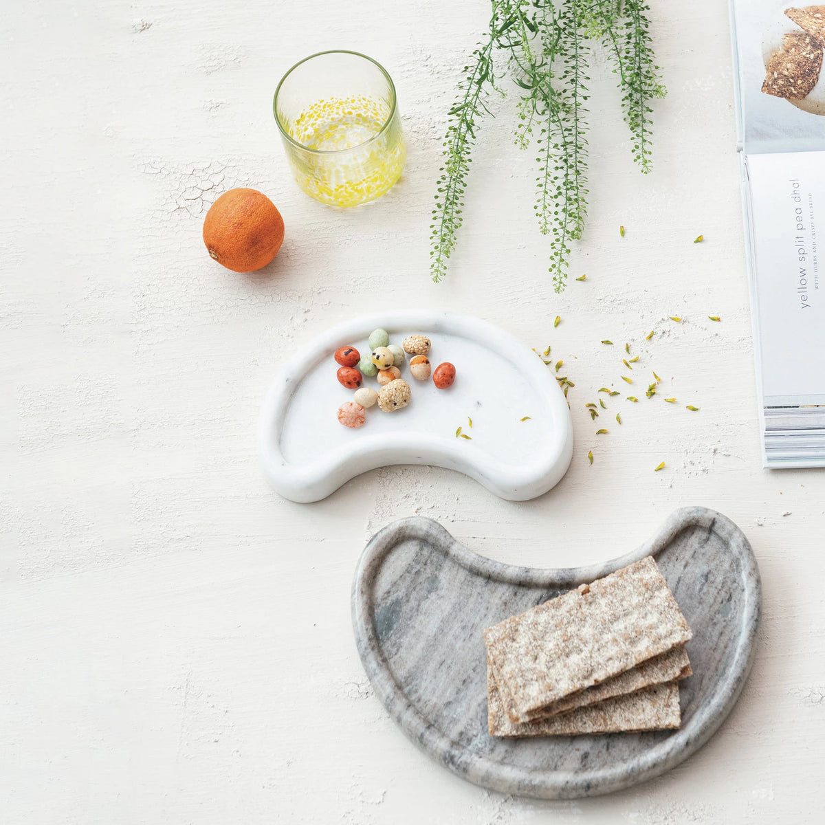 Marble Kidney Shaped Trays, Buff Color & White, Set of 2
