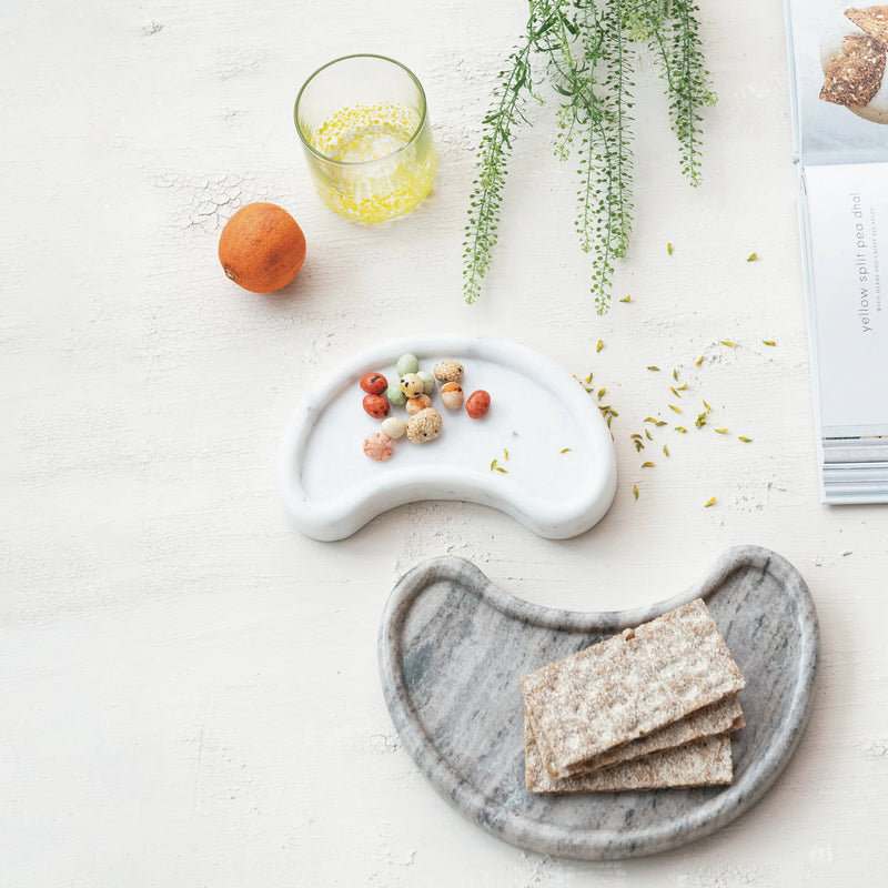 Marble Kidney Shaped Trays, Buff Color & White, Set of 2