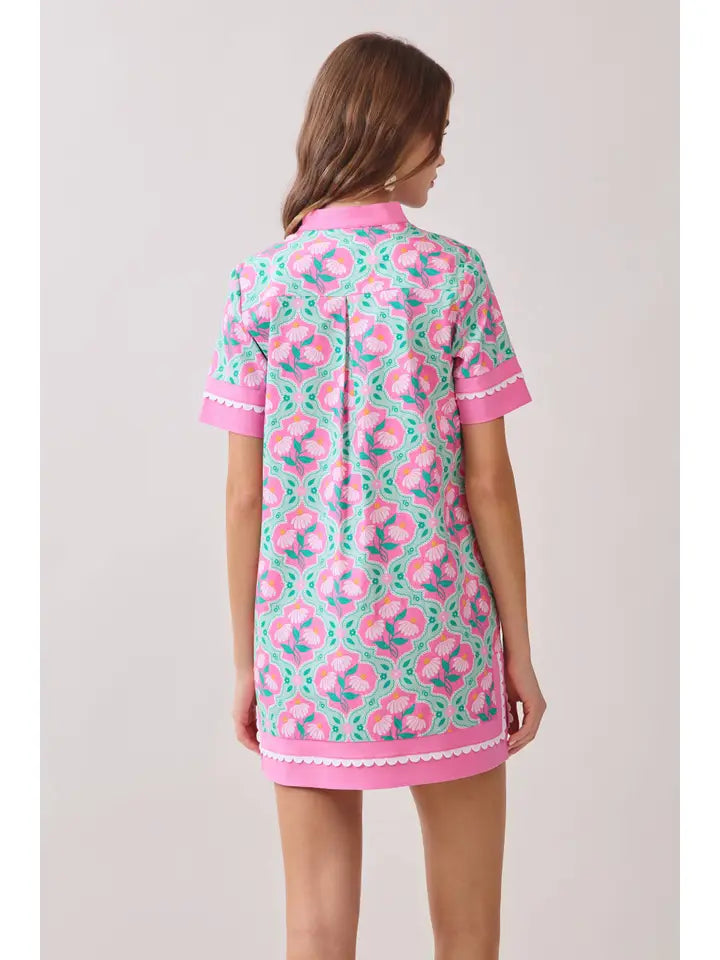 Colorful Floral Print Contrast Borders Shift Dress