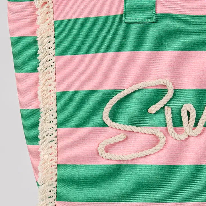 Summer Rope Text Pink and Green Striped Tote Bag