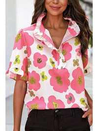 Sassy Floral Ruffle Striped Collar Summer Blouse