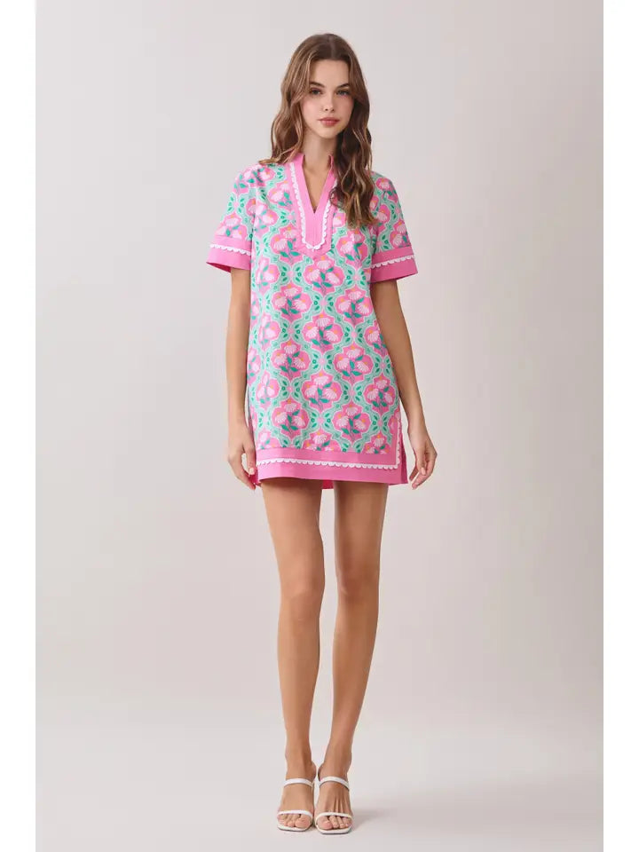 Colorful Floral Print Contrast Borders Shift Dress