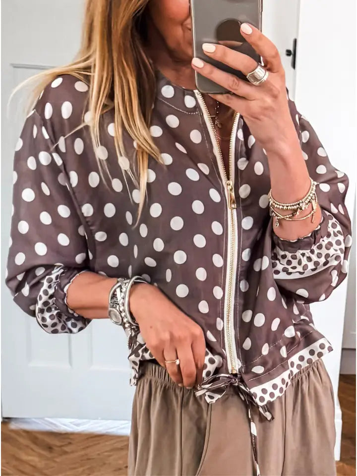 Polka Dot Contrast Detail Zip-Up Long Sleeve Shacket