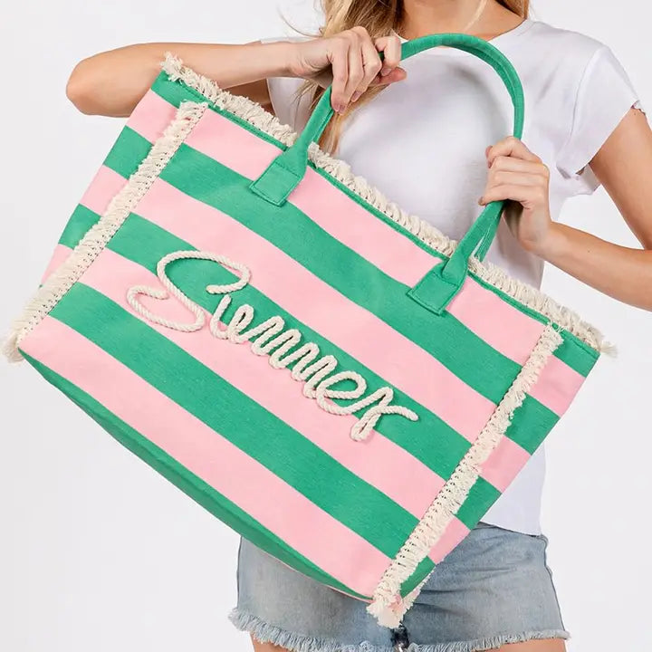 Summer Rope Text Pink and Green Striped Tote Bag