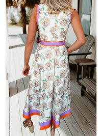 Floral Print Color Block Trim Belted Maxi Dress