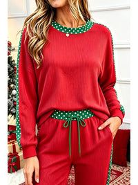 Holiday Polka Dot & Leopard Trim Long Sleeve 2pcs Pant Set