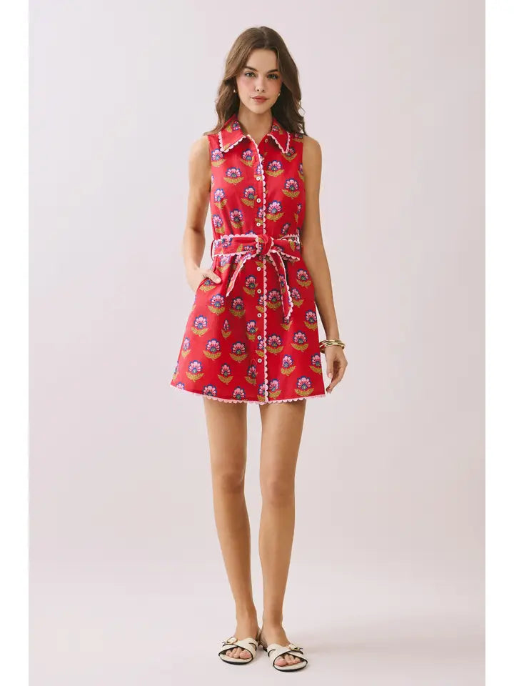 Floral Print Contrast Scalloped Trim Detail Dress