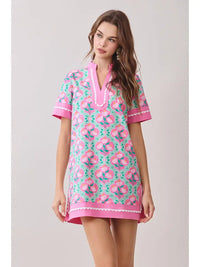 Colorful Floral Print Contrast Borders Shift Dress