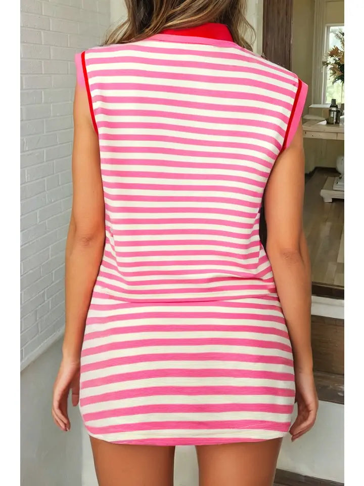 Stripe Print Contrast Trim Zip 2pcs Skirt Set