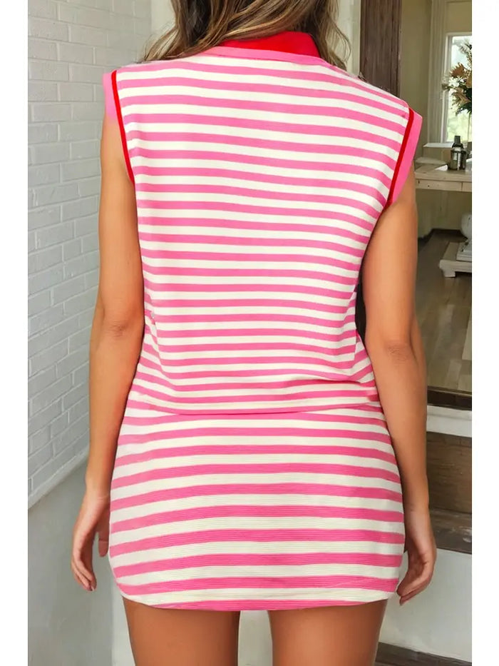 Stripe Print Contrast Trim Zip 2pcs Skirt Set