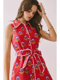 Floral Print Contrast Scalloped Trim Detail Dress