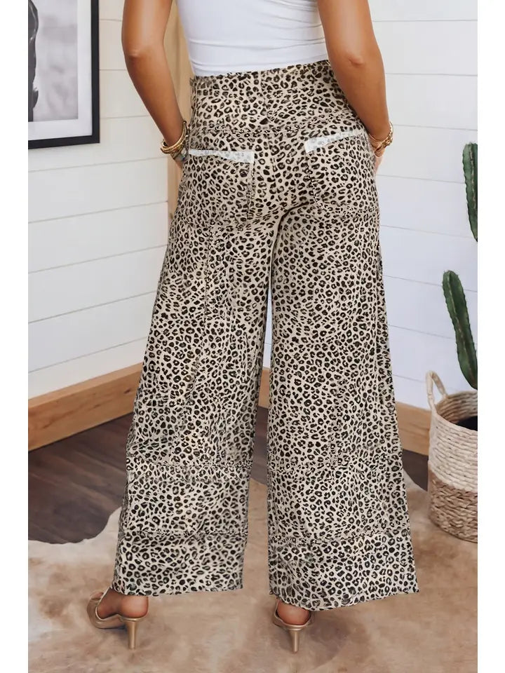 Animal Print Wide Leg Terry Knit Pants