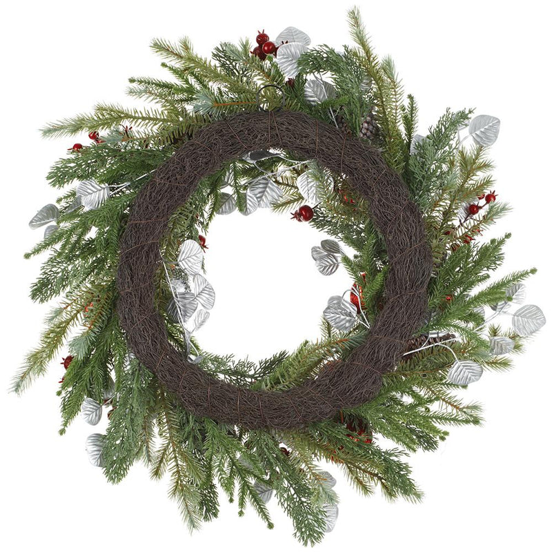 26" Sequin Ball/Berry/Pine Cone/Pine Wreath Red Silver