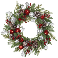 26" Sequin Ball/Berry/Pine Cone/Pine Wreath Red Silver
