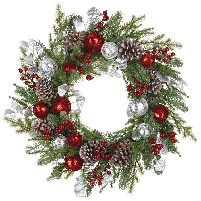 26" Sequin Ball/Berry/Pine Cone/Pine Wreath Red Silver