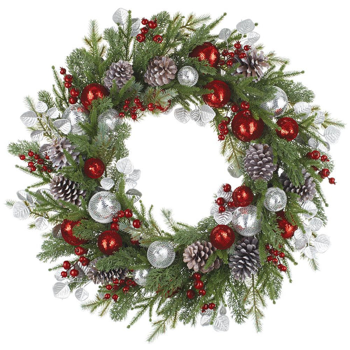 32" Sequin Ball/Berry/Pine Cone/Pine Wreath Red Silver