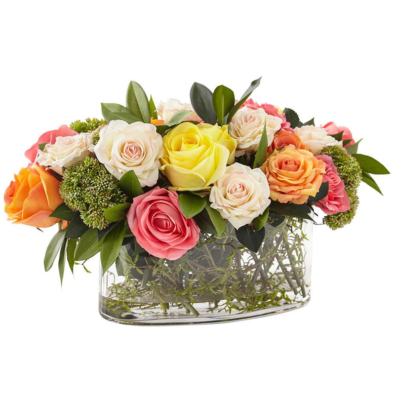 Mix Rt Roses/Skimmia/Shikiba in Glass Vase Mix