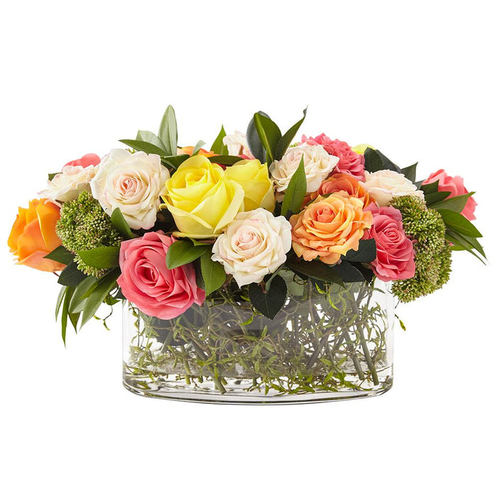 Mix Rt Roses/Skimmia/Shikiba in Glass Vase Mix