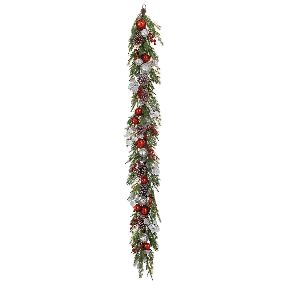 6' Sequin Ball/Berry/Pine Cone/Pine Garland Red Silver