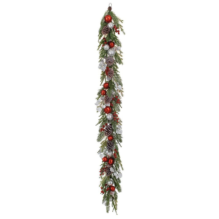 6' Sequin Ball/Berry/Pine Cone/Pine Garland Red Silver