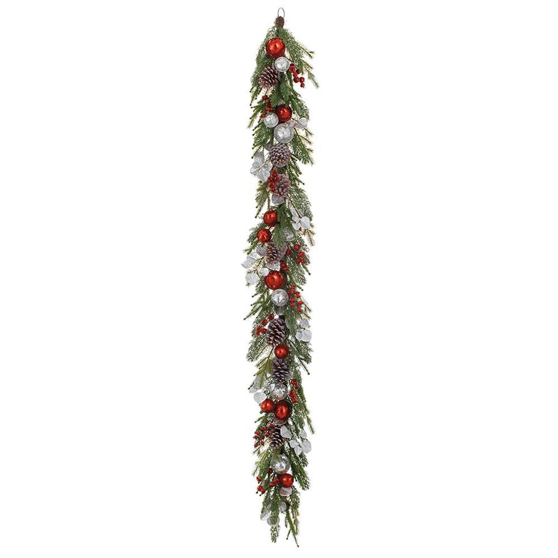 6' Sequin Ball/Berry/Pine Cone/Pine Garland Red Silver