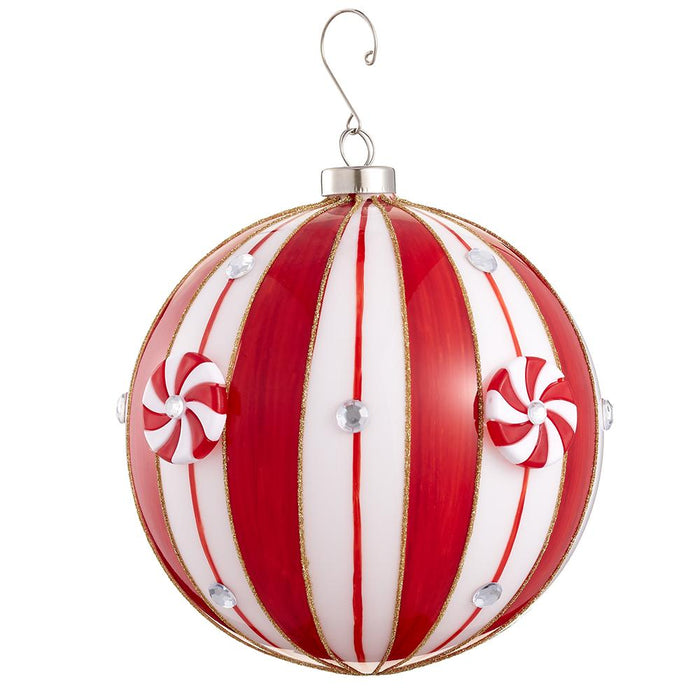 6" Glittered Candy Glass Ball Ornament Red White