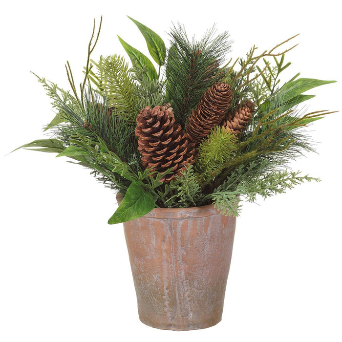 14.5" Mixed Pine/Pine Cone in Cement Pot Green Brown